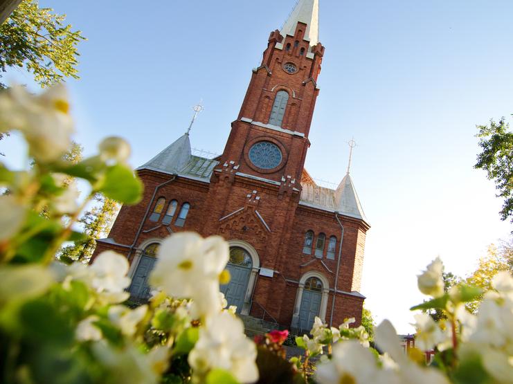 Nahaufnahme einer roten Backsteinkirche mit hohem Turm, umgeben von blühenden weißen Blumen im Vordergrund.